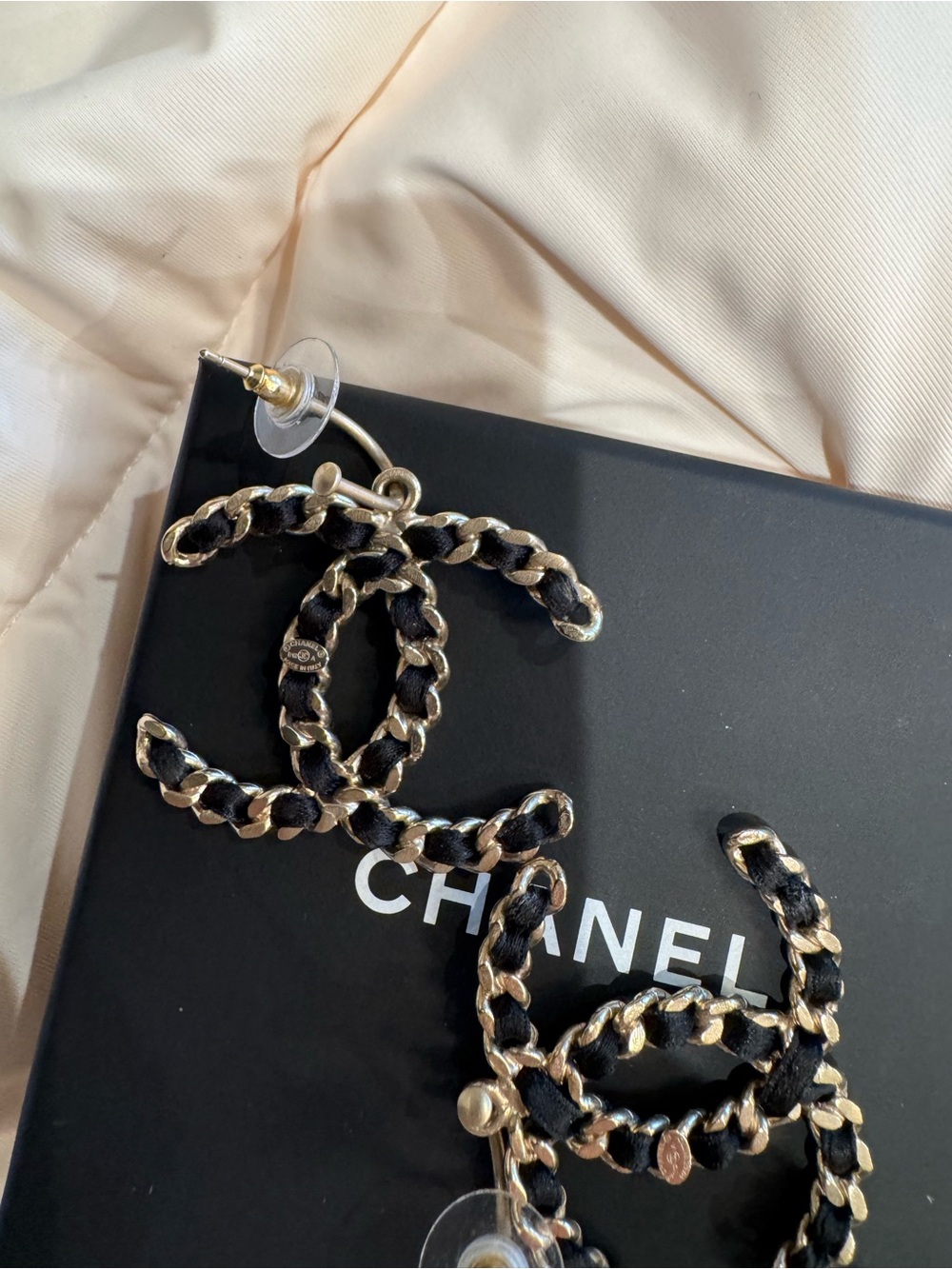 Chanel Black and Gold Interwoven CC Drop Earrings